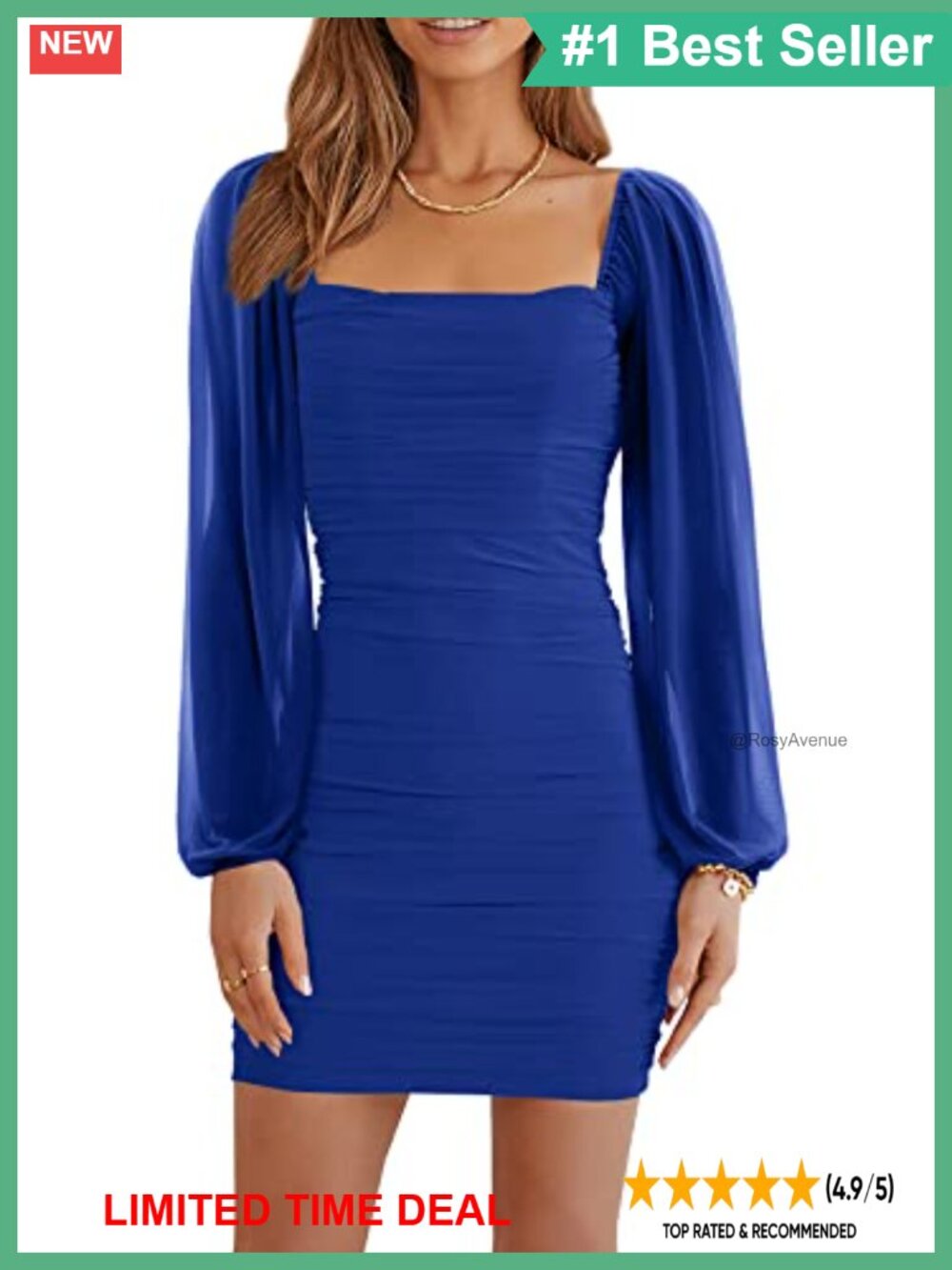Women's Mesh Long Sleeve Square Neck Ruched Bodycon Mini Dress